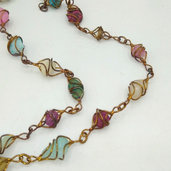 Vintage 1960s Artisan Handmade Wire Wrapped Semi Precious Stone Cage Necklace - Picture 3 of 7